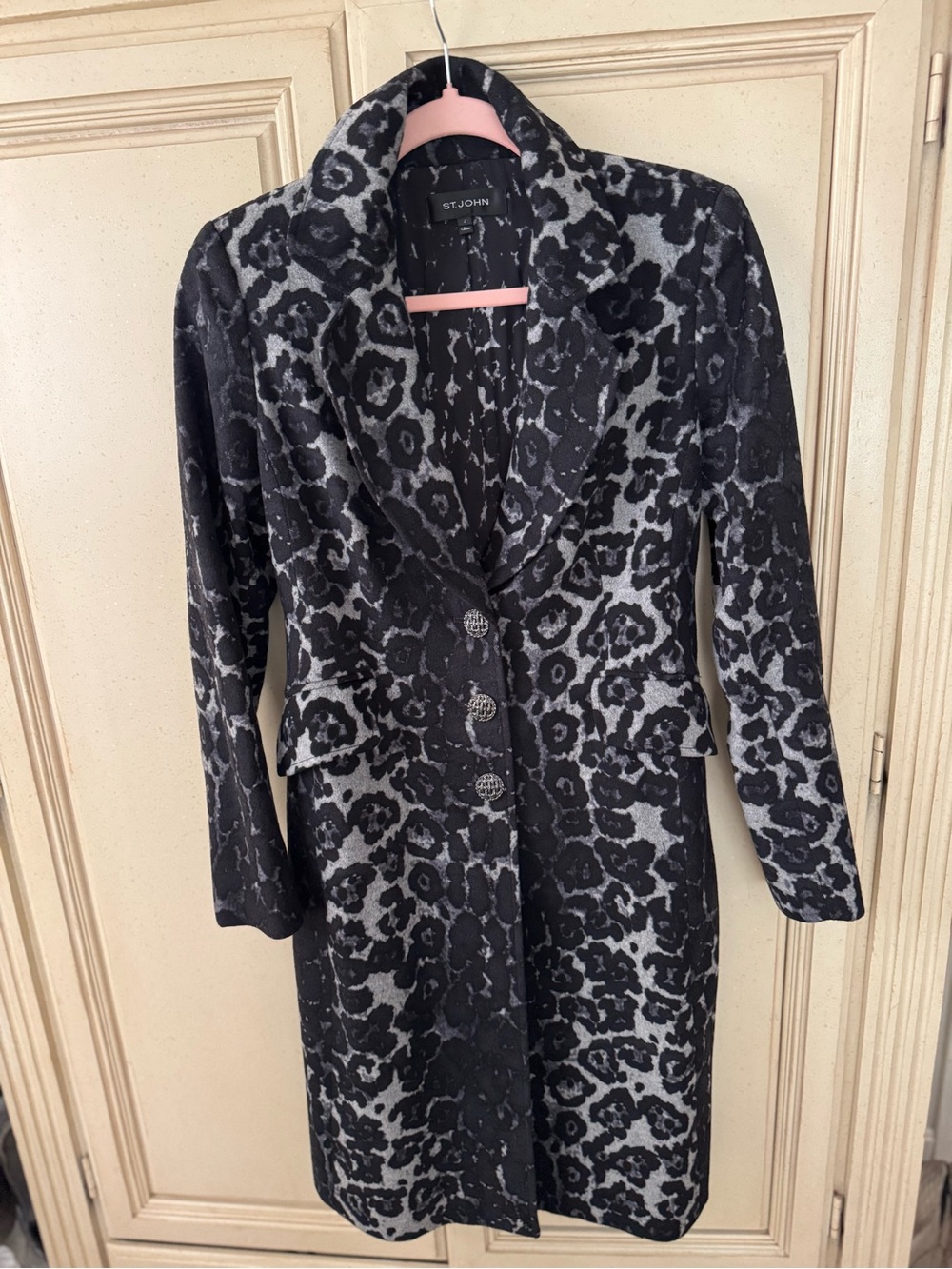 St. John Black & Gray Leopard Jacquard Knit Coat with Decorative Buttons